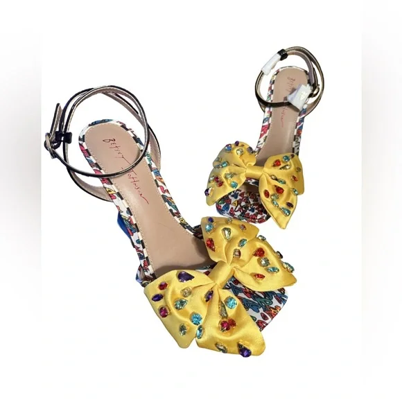 Betsey Johnson NWT Sz 8.5 Whimsical Colorful Heels & Yellow Rhinestone Bow (126) - Picture 2 of 12
